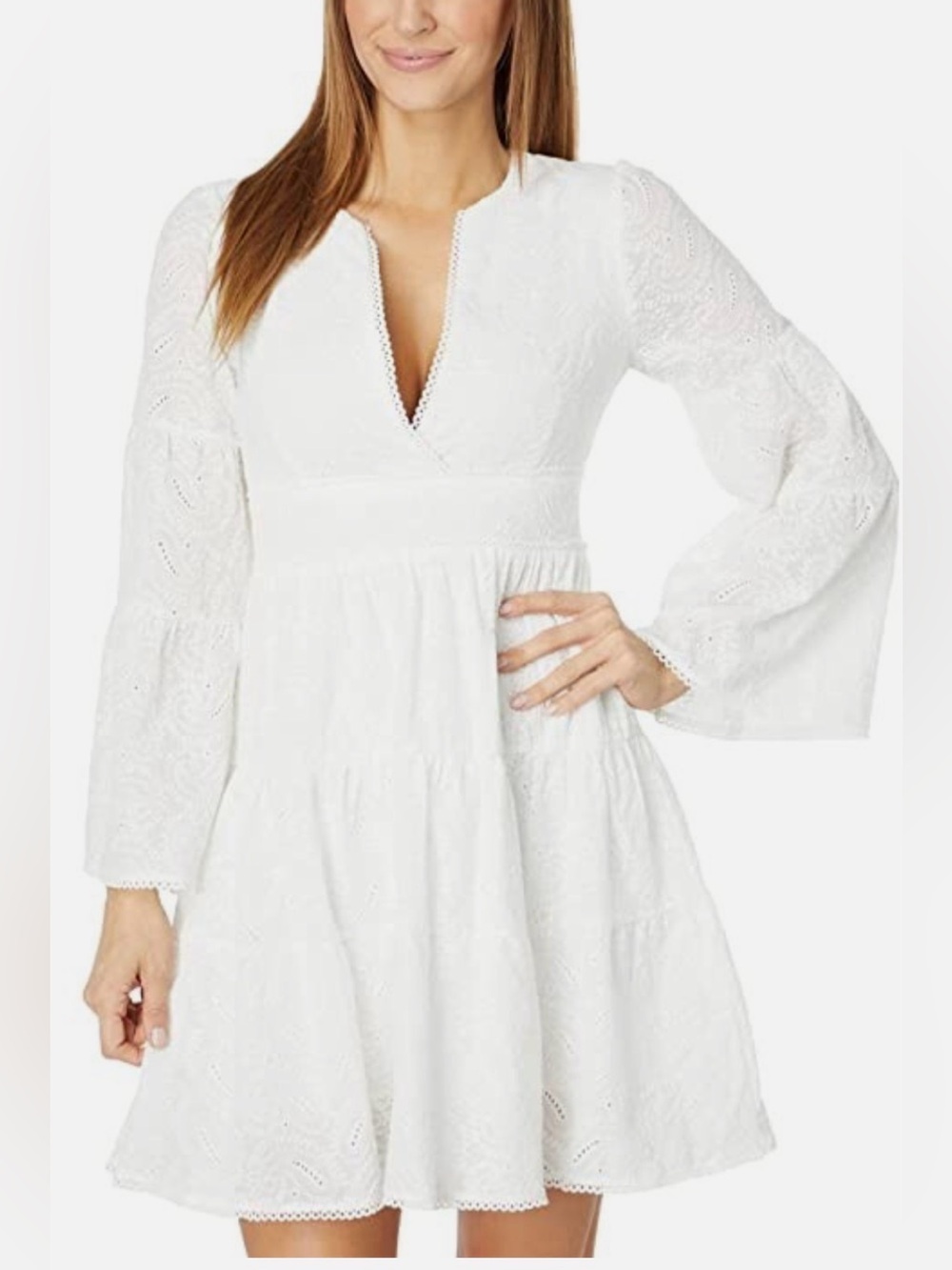 Lost + Wander Love Letters White Eyelet V-Neck Tiered Long Sleeve Dress